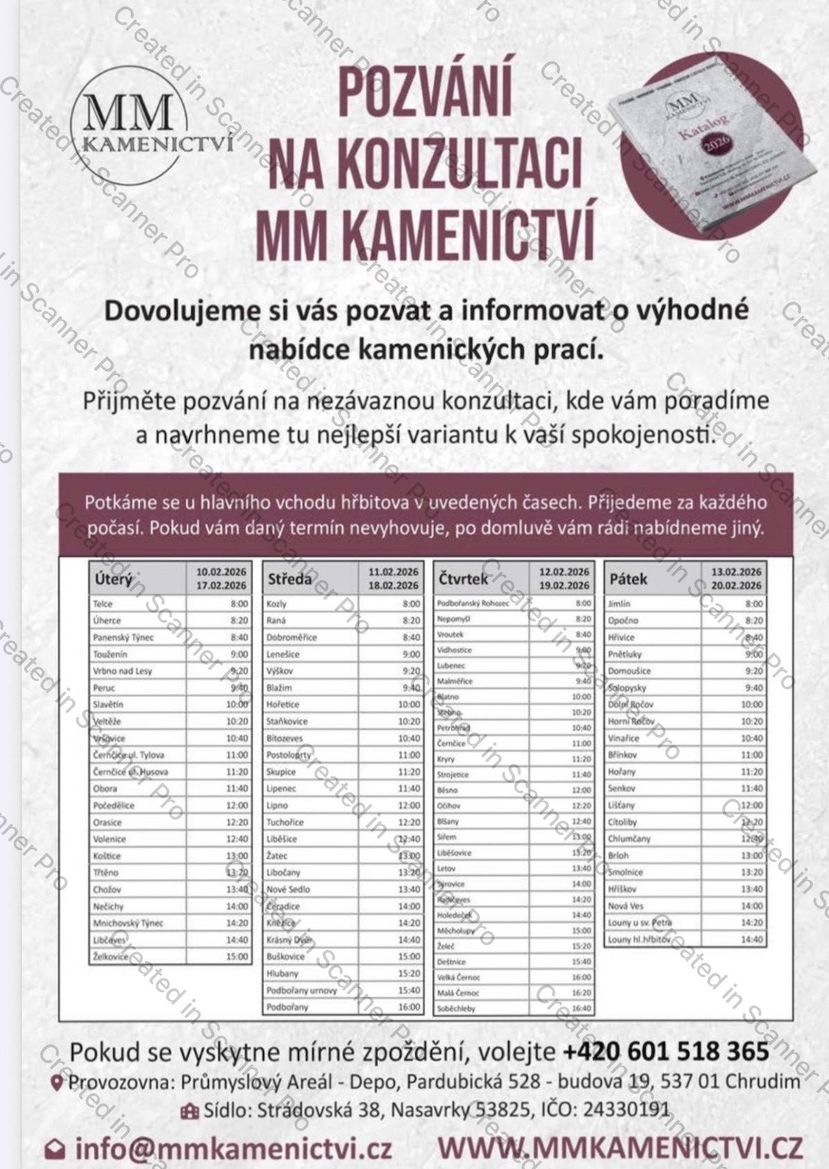 MMkamenictví s.r.o. bude na místních hřbitovech nabízet kamenické práce dne 12.2.2026 v 9:40 hřbitov Malměřice; v 10:00 hřbitov Blatno a dne 19.2.2026 v 9:40 hřbitov Malměřice; v 10:00 hřbitov Blatno.