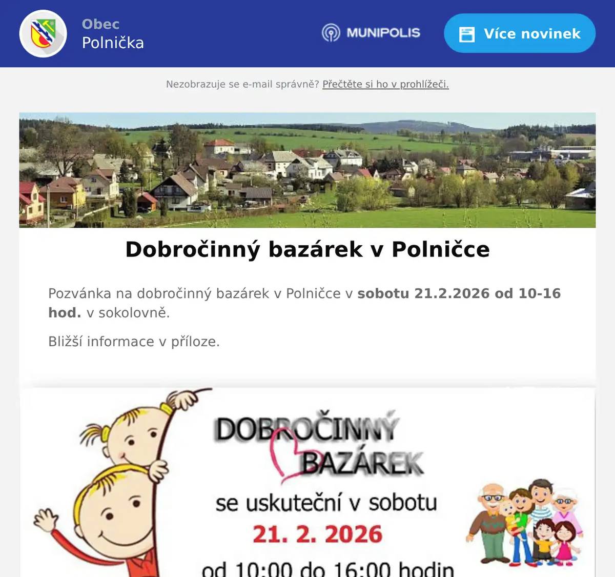 Pozvánka na dobročinný bazárek v Polničce v sobotu 21.2.2026 od 10-16 hod. v sokolovně. Bližší informace v příloze.