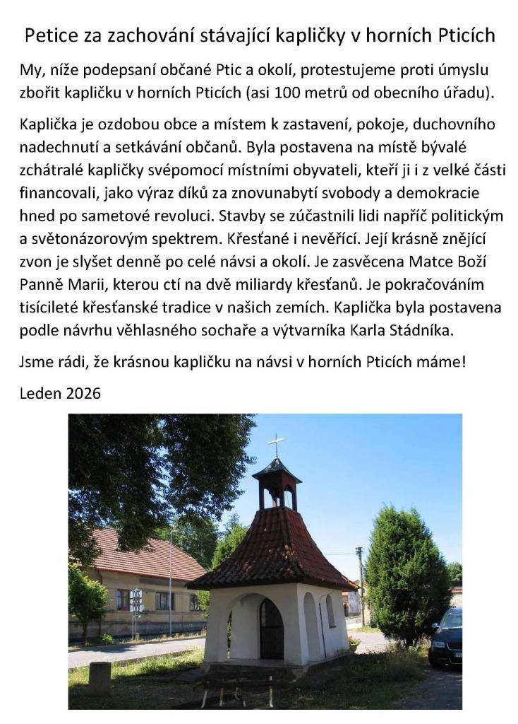 Petice na záchranu kapličky v Pticích