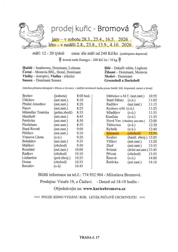 JARO - SOBOTA 28.3.,25.4.,16.5.2026  LÉTO - NEDĚLE 2.8.,23.8.,13.9.,4.10.2026