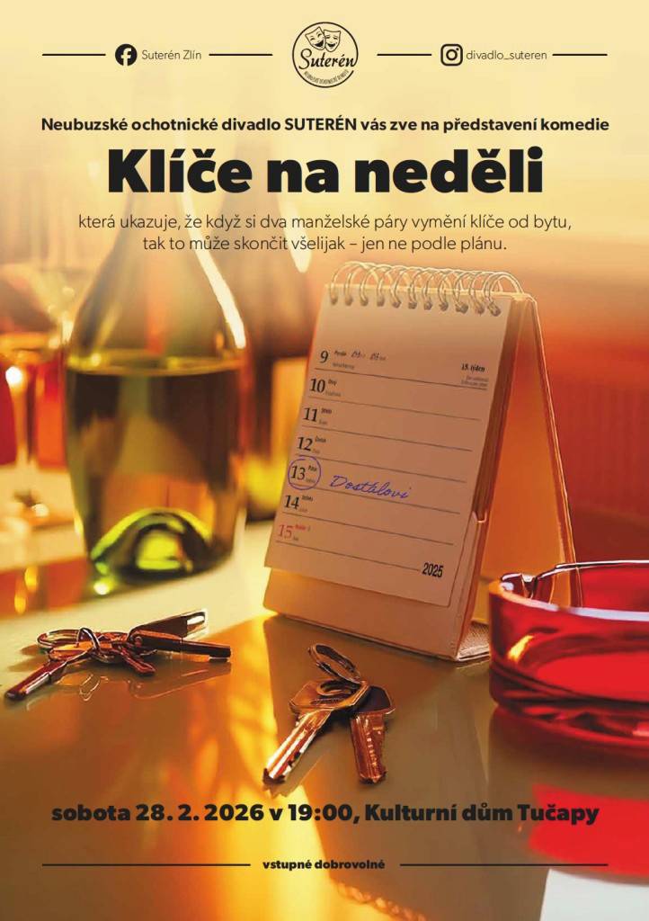 Ochotnické divadlo SUTERÉN v Neubuzi zve všechny milovníky divadla na komedii Klíče na neděli. Představení se zaměřuje na zábavné situace, které vznikají, když si dva manželské páry vymění klíče od svých bytů, a nabízí pohled na komplikovanost vztahů.
