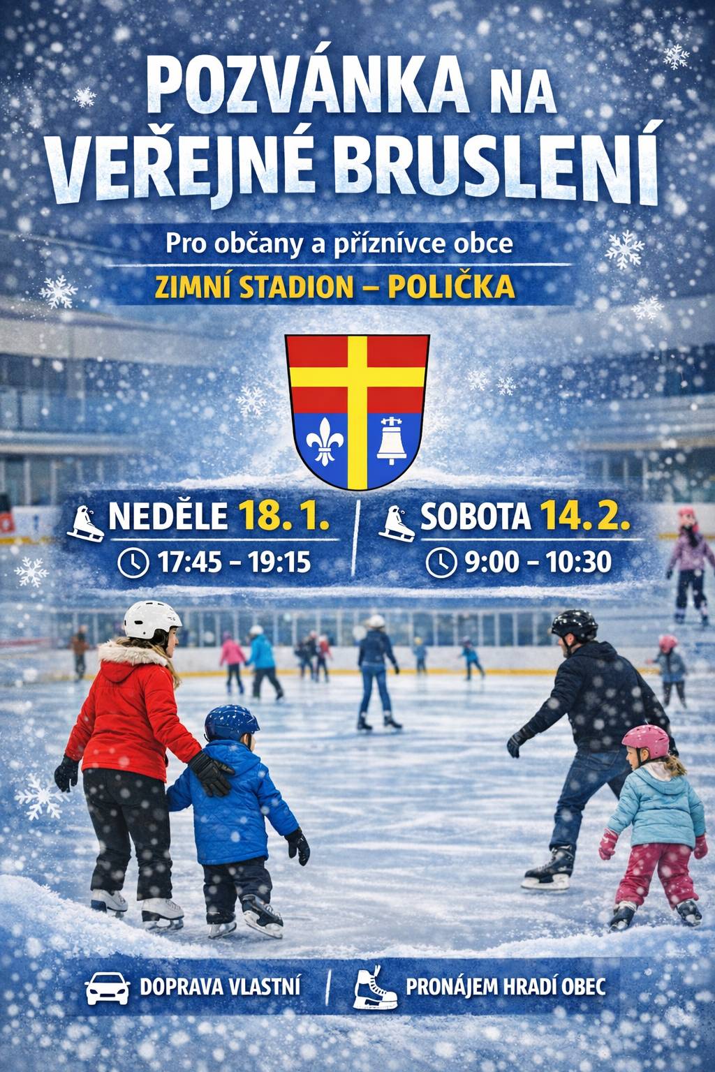 Obec Trstěnice vás zve na veřejné bruslení v sobotu 14.února od 9 do 10.30 hodin na zimní stadion do Poličky. Vstup zdarma, doprava vlastní.