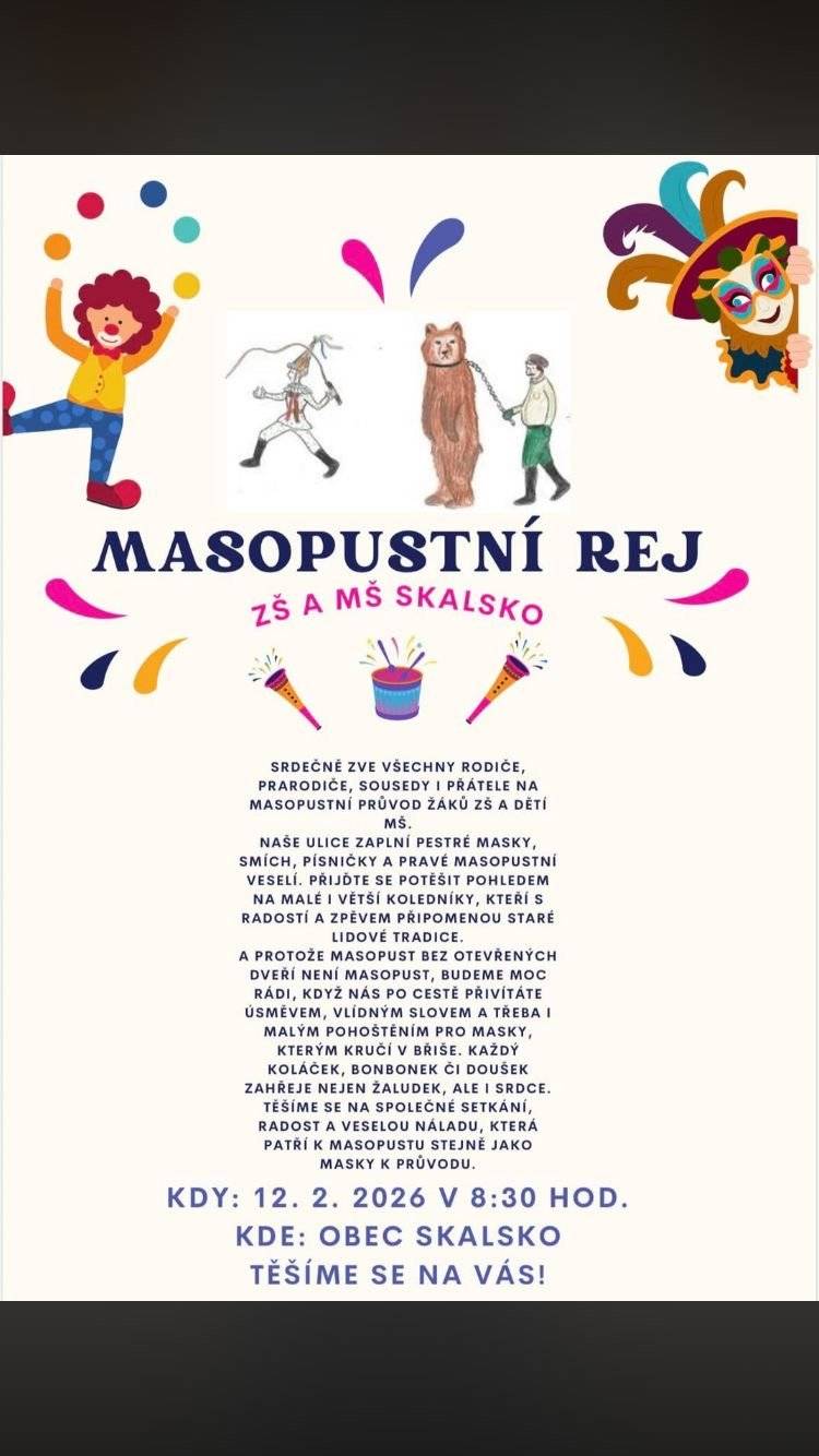 Ve čtvrtek 12.února ráno můžete u nás v obci potkat masopustní rej dětí z naší mateřské a základní školy 🥳🎩🦊🐹🐯 Kdo nás uvítá a pohostí 🫠