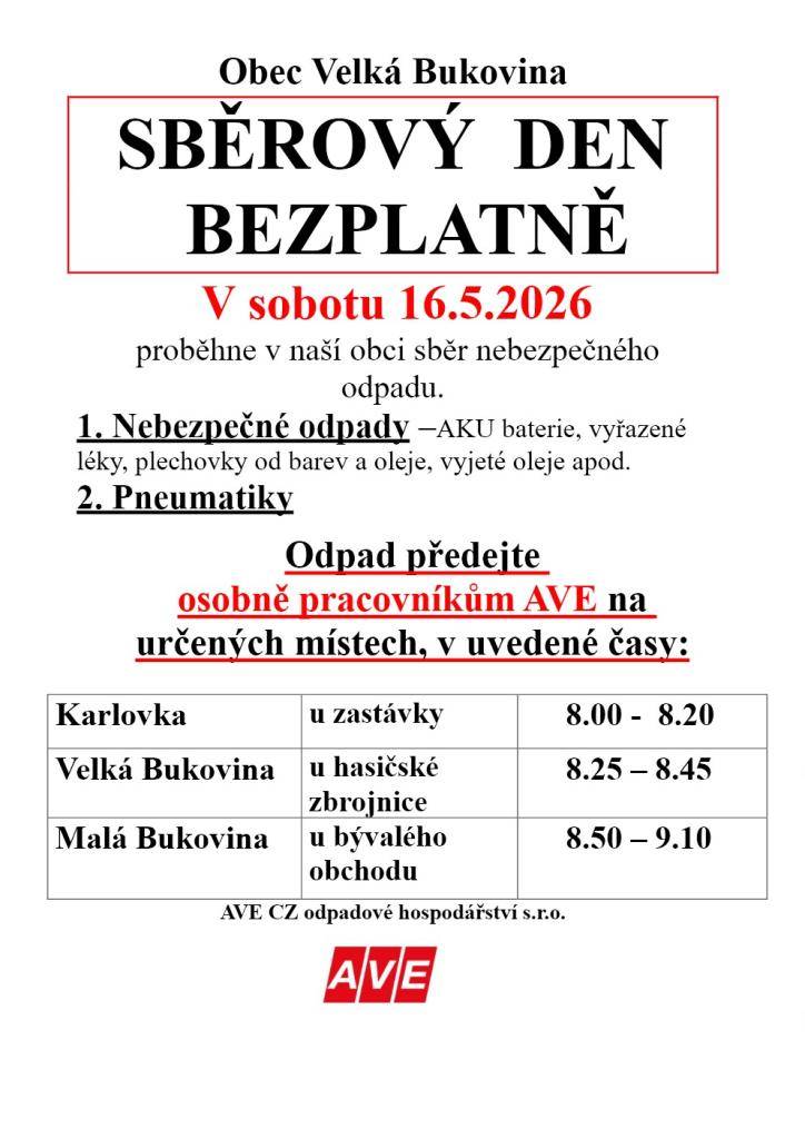 Sobota 16.května 2026  na určených místech