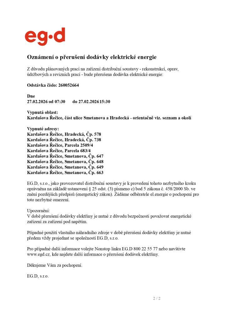 Přerušení dodávky elektrické energie - pátek 27. února 2026 (7:30 - 15:30)