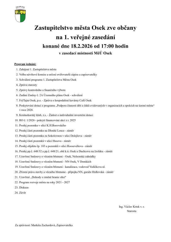 Pozvánka na 1. veřejné zasedání Zastupitelstva města, termín jednání 18.02.2026 od 17:00 hod.