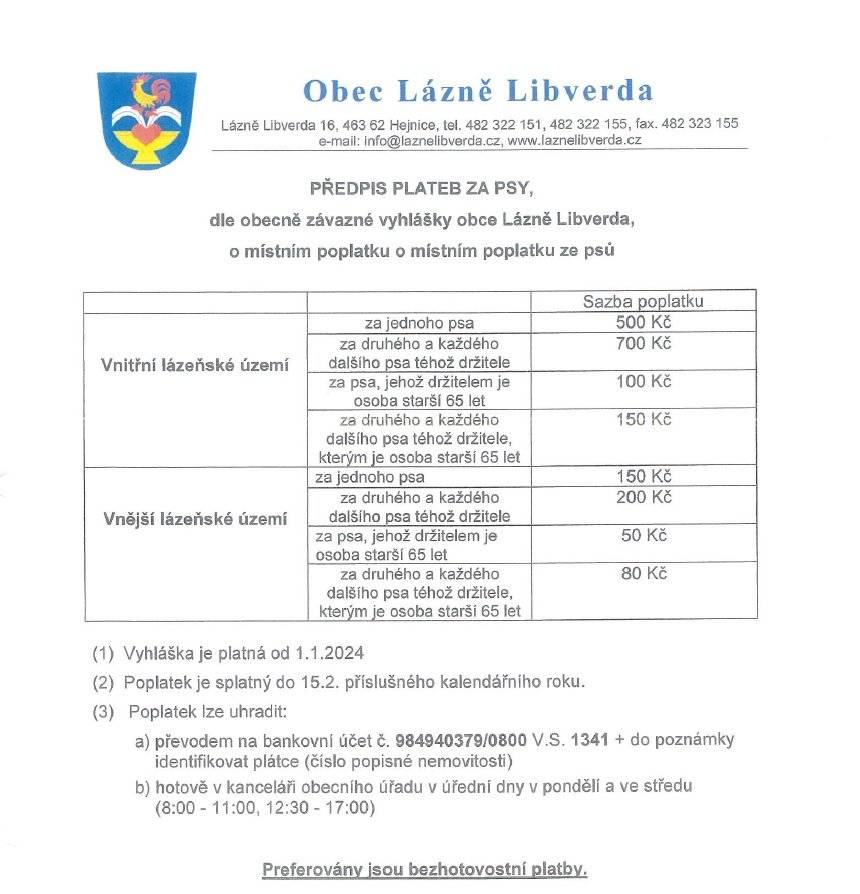 Předpis plateb za psy, dle obecně závazné vyhlášky obce Lázně Libverda, o místním poplatku o místním poplatku ze psů.