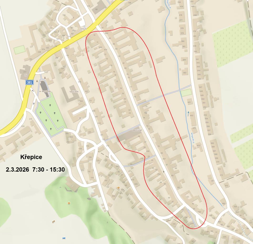 Oznamujeme občanům, že dne 2.3.2026 od 7:30 do 15:30 bude přerušena dodávka elektrické energie v ulici Dědina od č.p. 10 po č.p. 209 a od č.p. 432 po č.p. 184.