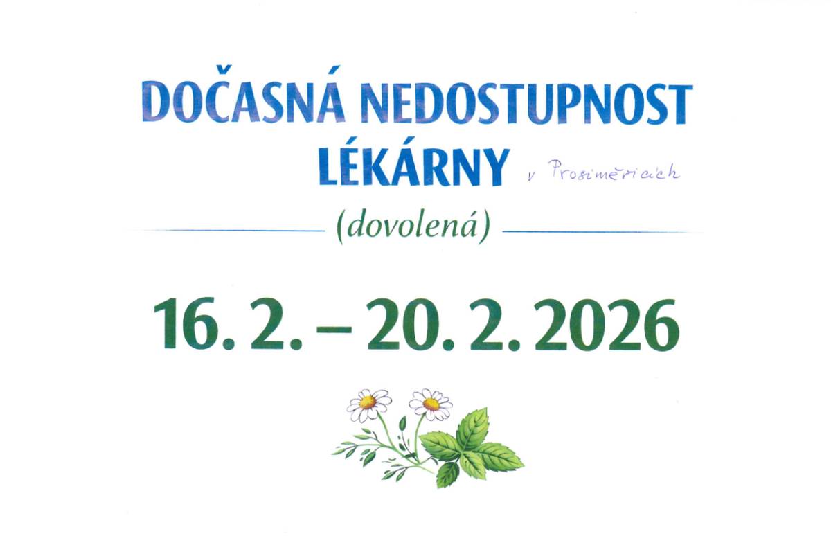 Lékárna bude ve dnech 16. 2. – 20. 2. 2026 z důvodu čerpání dovolené uzavřena.
