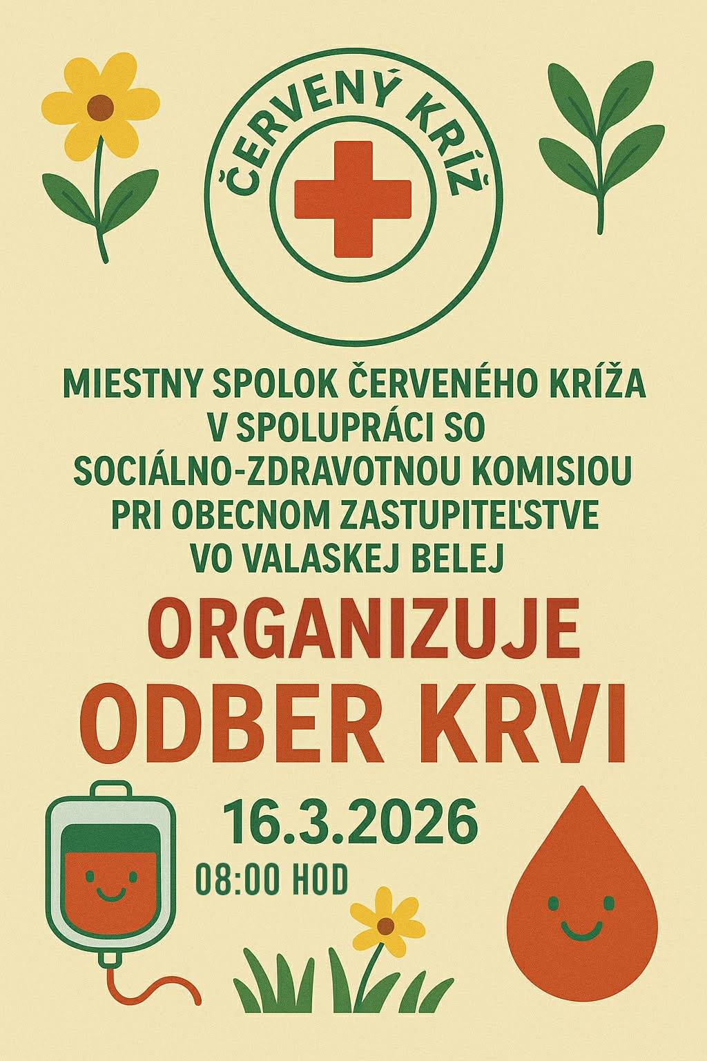 Dobrovoľným darcom oznamujeme, že 16. marca sa bude v našej obci konať dobročinná akcia darovania krvi. Zároveň prosíme darcov, aby sa nahlásili na tel. čísle 0915 380 748, alebo na fb ČK VB https://www.facebook.com/profile.php?id=100083290655064 Všetkým darcom ĎAKUJEME! ❤️