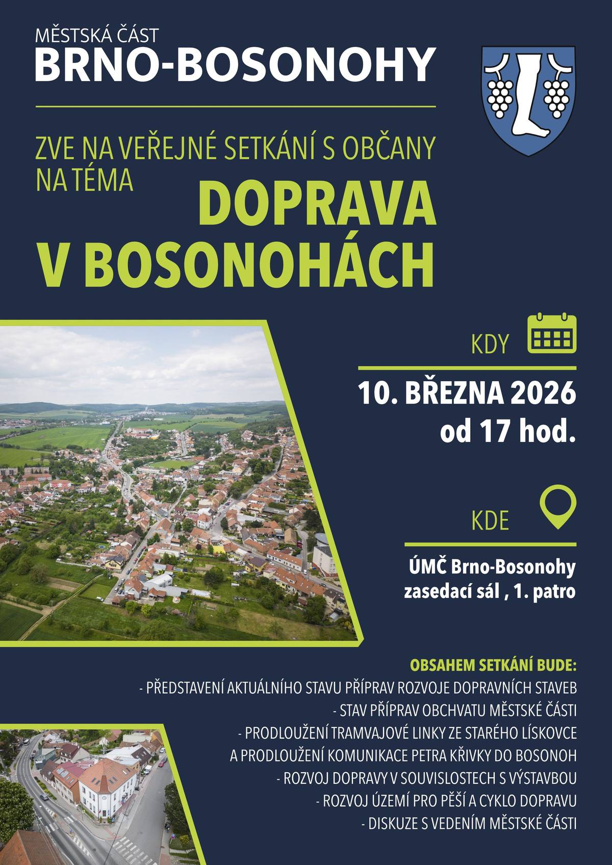 Přijďte diskutovat na veřejné setkání věnované tématu dopravy v Bosonohách. 🚗🚙 Cílem setkání je informovat o aktuálním stavu připravovaných dopravních projektů a vytvořit prostor pro dotazy a diskuzi s vedením městské části. Těšíme se na vás! 😉