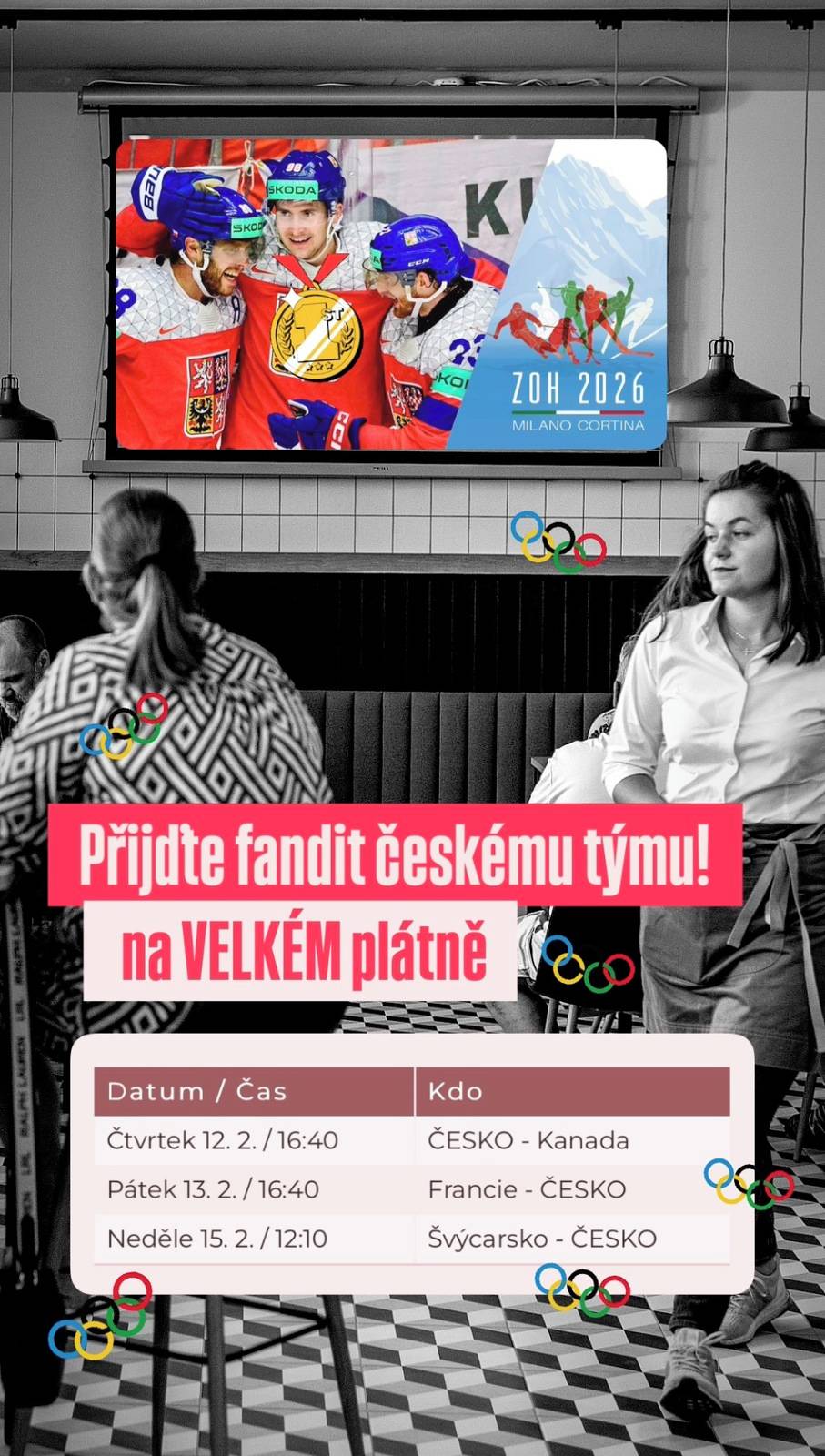 Zveme vás na promítání olympijských hokejových zápasů českého týmu na jednom z největších pláten v Dobrouči.