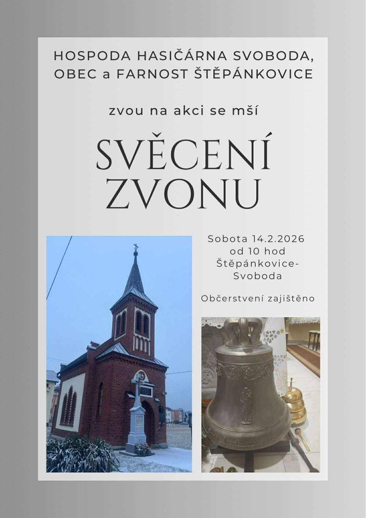 V sobotu 14.2.2026 od 10 hod proběhne svěcení zvonu kaple sv. Josefa ve Svobodě. Občerstvení bude zajištěno.