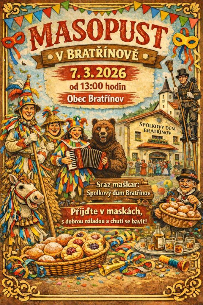 Srdečně vás zveme na masopustní průvod. Sraz 7.3. ve 13 hodin před spolkovým domem.