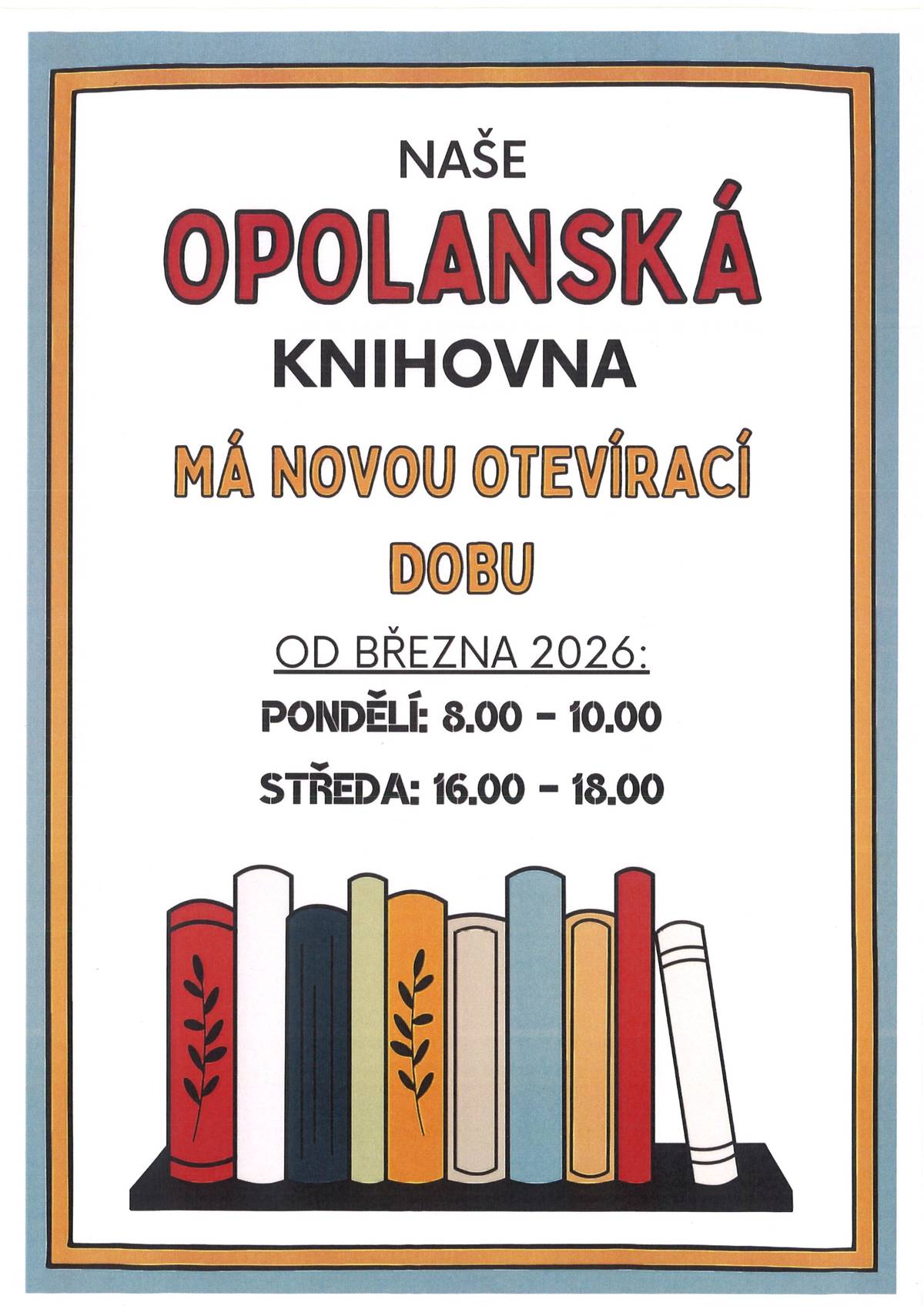 Dobrý den, rádi bychom vás informovali o novinkách v naší knihovně! 📚 Máme novou knihovnici 🙋♀️ a zároveň novou otevírací dobu od března, aby se vám k nám chodilo ještě lépe 😊 Navíc už teď připravujeme různé akce pro děti i dospělé ✨📖 Pro představu například na tato témata: ✨️ jak pečovat k kůži s ekzémem pro laickou veřejnost ✨️ jak na jarní únavu ✨️ čtení dětem s využitím rozvojových pomůcek  ✨️ setkání se spisovatelkami a spisovateli ✨️ čtenářský debatní kroužek O všem vás budeme včas informovat, takže nás určitě neváhejte sledovat 👀💛 Těšíme se na vás při čaji či kávě v opolanské knihovně! 🌿📚