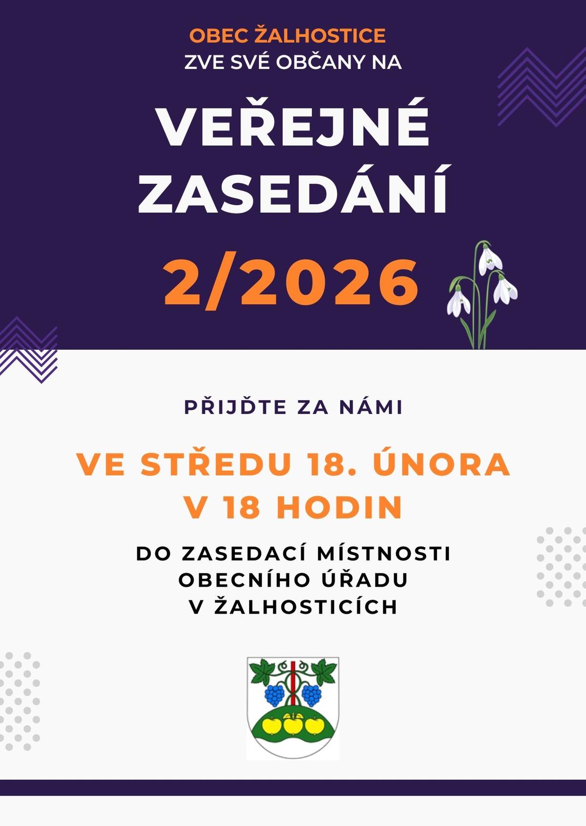 Zveme všechny občany na veřejné zasedání, které se koná ve středu 18. února. Přijďte v 18 hodin do zasedací místnosti obecního úřadu. Děkujeme a těšíme se na osobní setkání.