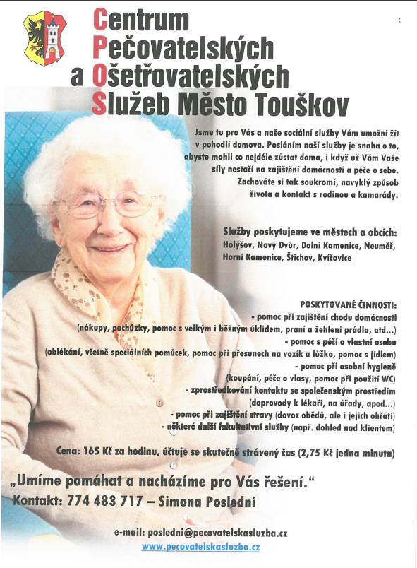 Centrum pečovatelských a ošetřovatelských služeb město Touškov nabízí své služby. Bližší informace na www.pecovatelskasluzba.cz
