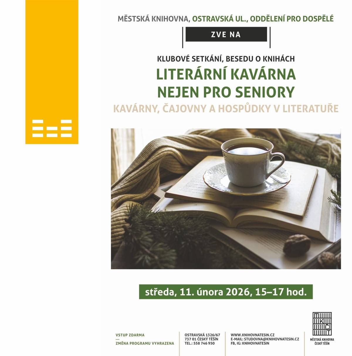 Místa setkávání, kde se rodí příběhy. Kavárny a hospody nejsou v literatuře jen kulisou - jsou to místa rozhovorů, samoty, přátelství, sporů i velkých myšlenek. Autoři v nich pozorují lidi, naslouchají světu a zachycují obyčejný život. Přijďte se zahřát dobrou knihou, kávou nebo horkým čajem. Vstup zdarma.
