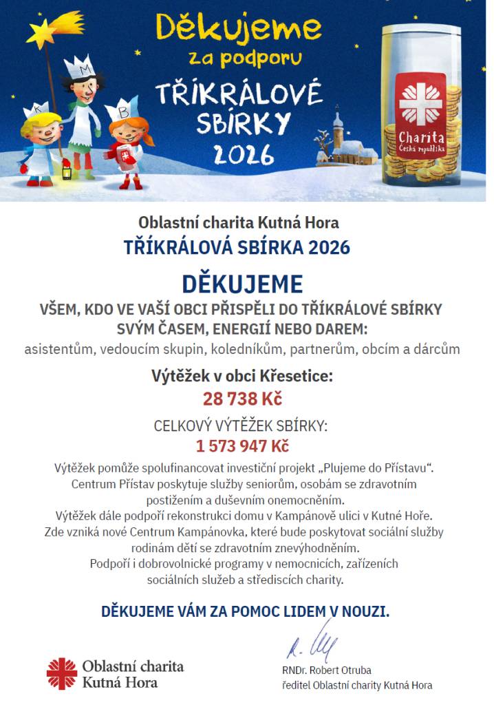 Poděkování za Tříkrálovou sbírku a její výsledek