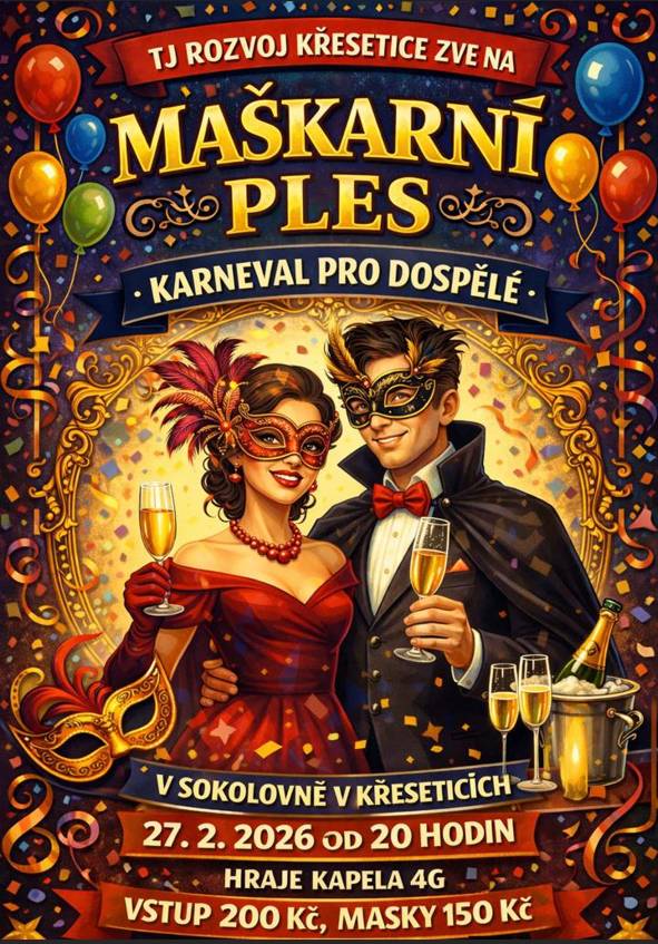 Pozvánka na maškarní ples v Křeseticích