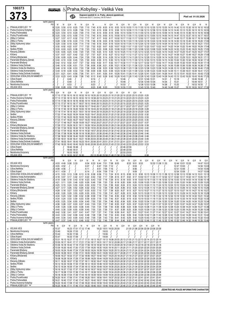 Od 1.3.2026 dojde na lince 373 k drobné úpravě jízdního řádu z důvodu zvýšení bezpečnosti provozu eliminací míjení autobusů na úzké komunikaci mezi Panenskými Břežany a Vodolkou.  Ve směru z Kobylis budou posunuty odjezdy spojů v 8:50 - 13:50 o pět minut na 8:55 - 13:55. K jiným změnám nedochází.