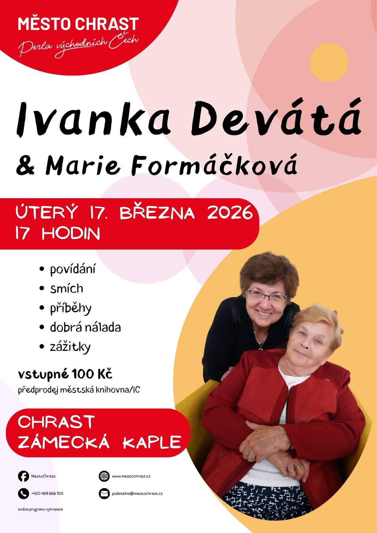 V březnu přijede do Chrasti neskutečná Ivanka Devátá. Vstupenky na její vystoupení jsou od zítřka 11. února v předprodeji v městské knihovně/IC. 🙂🎤
