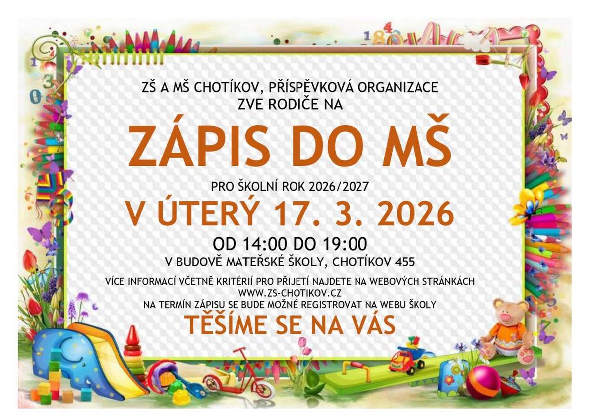 Zápis se uskuteční 17.03. 2026 od 14:00 do 19:00. Na konkrétní dobu zápisu se bude možné registrovat pomocí rezervačního systému, který bude spuštěn dne 18. 02. 2026 od 13:00 hodin na webových stránkách školy.