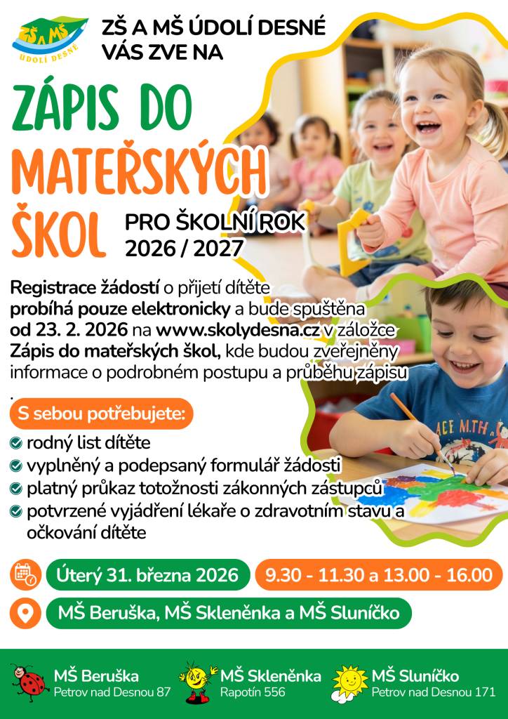 >  registrace žádosti probíhá pouze elektronicky a bude spuštěna od 23.2.2026 na www.skolydesna.cz v záložce Zápis do mateřských škol, kde budou zveřejněny informace o podrobném postupu a průběhu zápisu  > podrobné informace - přiloženy k plakátu