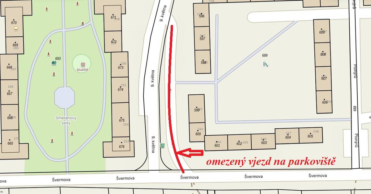 Z důvodu provozní havárie (zkrat na veřejném osvětlení v ulici 9. května) bude od úterý dne 10. února 2026 omezen vjezd na parkoviště před BD čp. 239-241 a čp. 242-243, viz obrázek. Po odstranění shora uvedené provozní havárie bude vjezd na dotčené parkoviště obnoven.