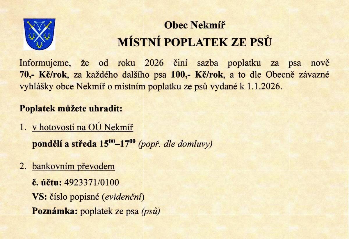 Od roku 2026 došlo k úpravě sazby poplatku ze psů, více informací viz. leták.