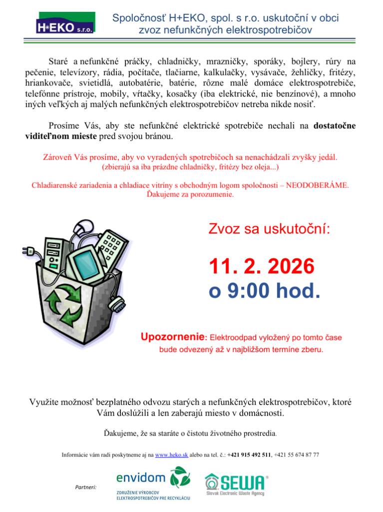 Zber nefunkčných elektrospotrebičov sa v našej obci uskutoční 11.2.2026 o 9,00 hod.