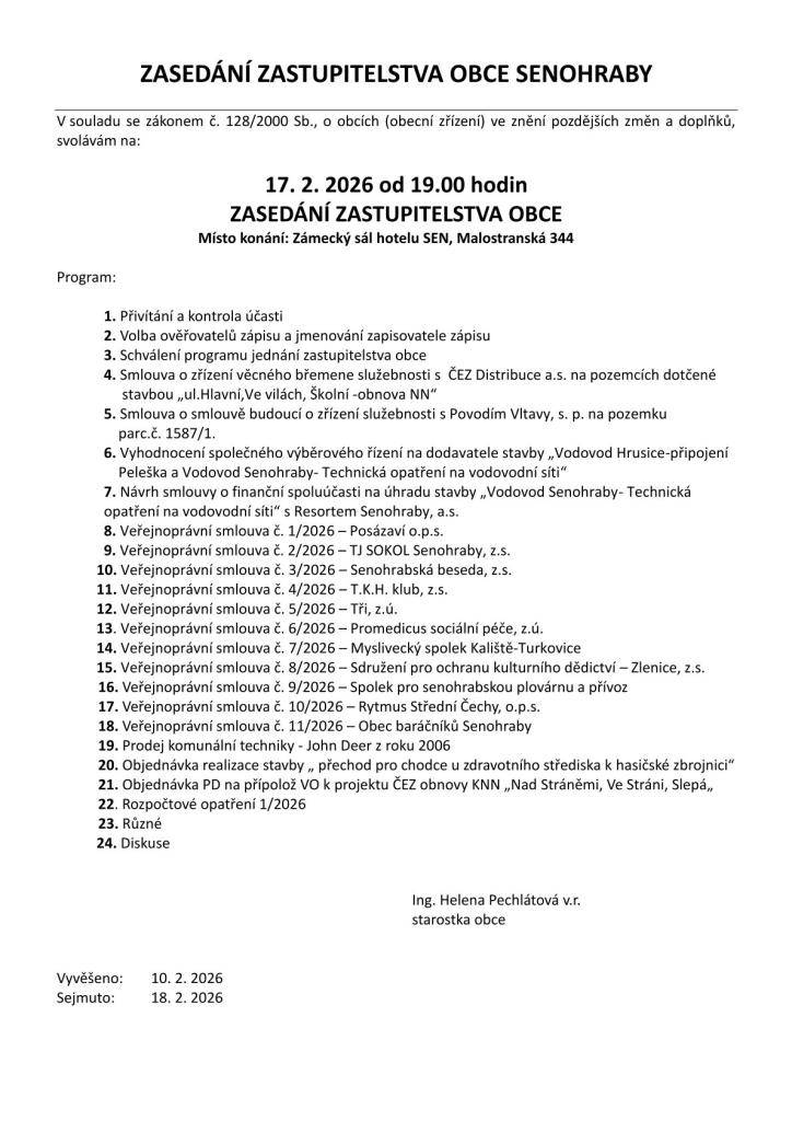 Zveme vás na veřejné zasedání zastupitelstva obce, které se koná v úterý 17. 2. 2026 od 19 hodin v Zámeckém salonku hotelu SEN.