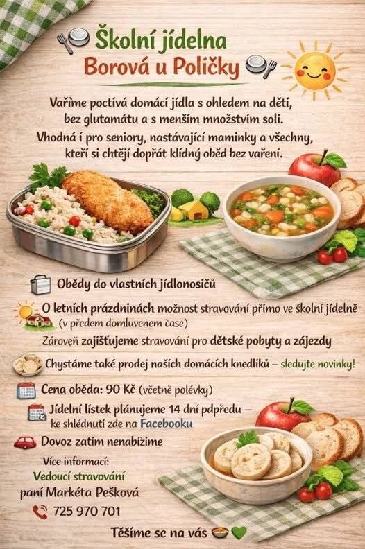 🍮 V roce 2022 jsme nabídli nejen občanům Pusté Rybné možnost dovozu obědů ze školní jídelny Borová u Poličky. Spolupráce s jídelnou je výborná a jsme rádi, že tuto službu můžeme nabízet stále. V průběhu doby možnost dovozu využilo více než 20 různých osob. 👍 Pokud zvažujete a chcete mít zajištěné kvalitní jídlo a zároveň nemuset vařit, určitě se ozvěte nebo zastavte a domluvíme se.  U nás frčí rajská, plněné bramborové knedlíky, řízek nebo halušky 😋