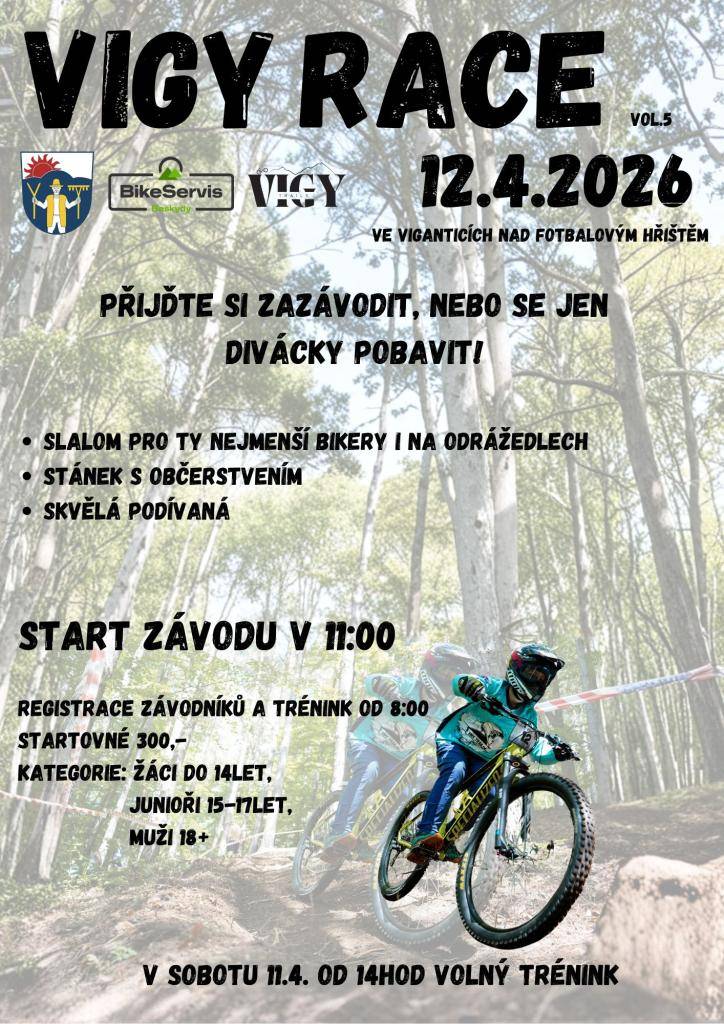V neděli 12. dubna 2026 se ve Viganticích uskuteční závody v trailech. Registrace pro závodníky bude probíhat od 8:00. Pro diváky bude k dispozici také stánek s občerstvením.