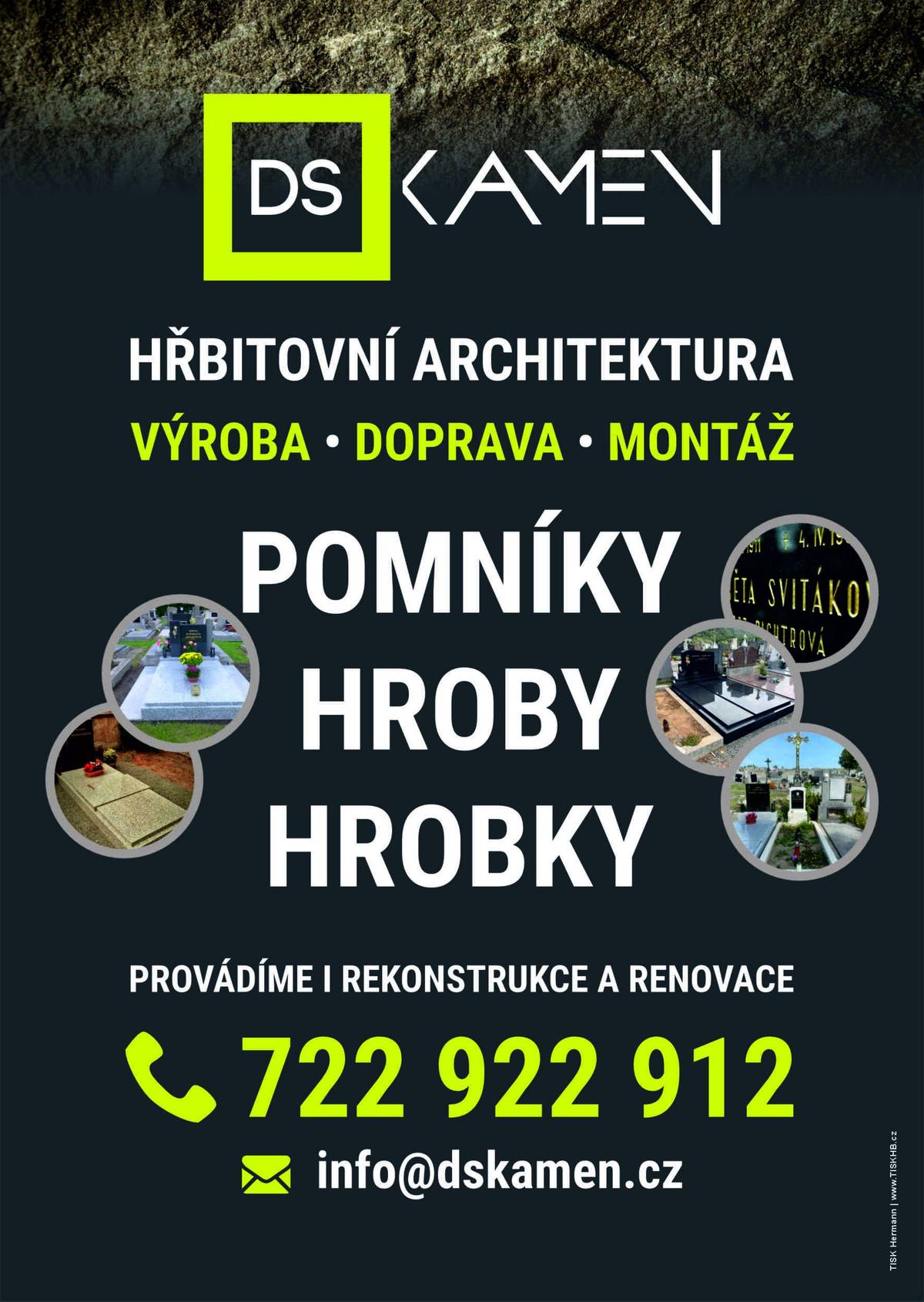 Ve čtvrtek 12.2. ve 12:00 hod. bude firma DS kamen na hřbitově Habry. Nezávazně nacení stavby a renovace hrobů, přípisy, zlacení. Tel 722 922 912