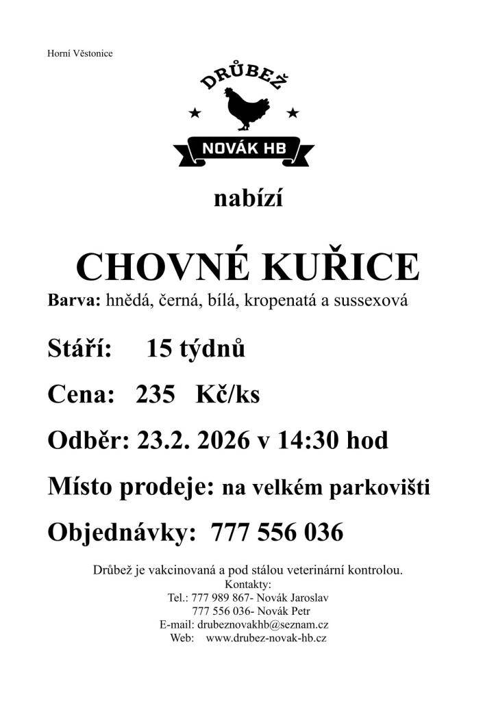 Drůbež Novák HB- drůbežárna Mírovka, prodává 23. 2.  2026 v 14:30 hod na parkovišti nosné kuřice před snůškou stáří 15 týdnů, cena 235 Kč za kus, barva hnědá, černá.