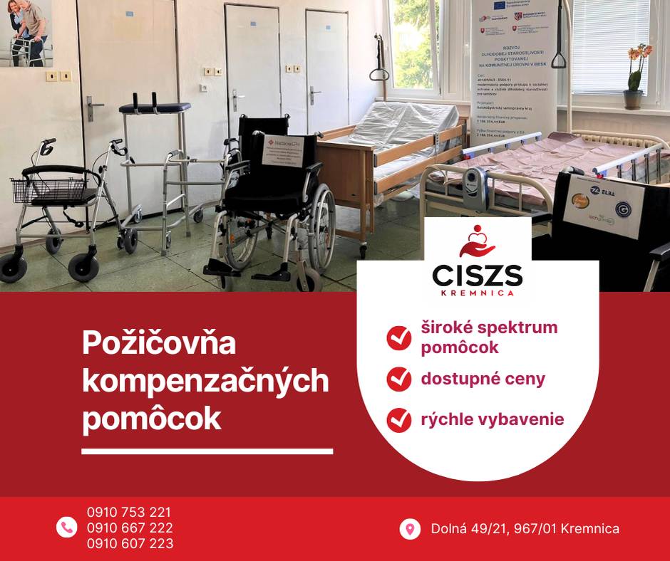 Potrebujete dočasne invalidný vozík, polohovateľnú posteľ, chodítko alebo inú pomôcku?  V CISZS Kremnica nájdete široké spektrum kvalitných pomôcok za dostupné ceny a s rýchlym vybavením.