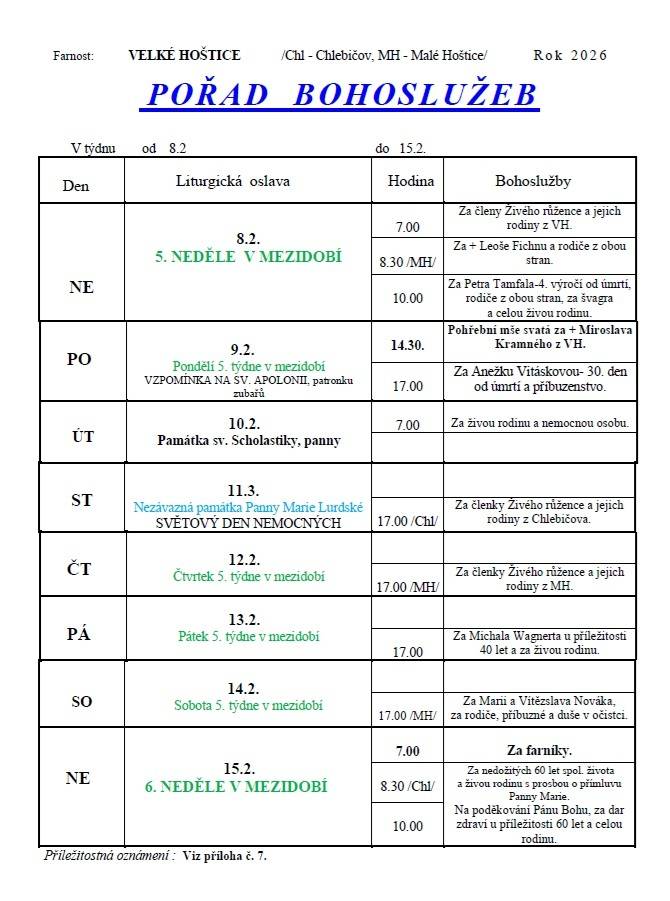 Přehled bohoslužeb pro farnost Velké Hoštice, Malé Hoštice, Chlebičov.