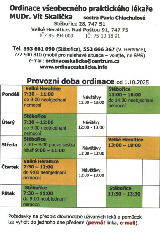 Ordinační hodiny MUDr. Vít Skalička.