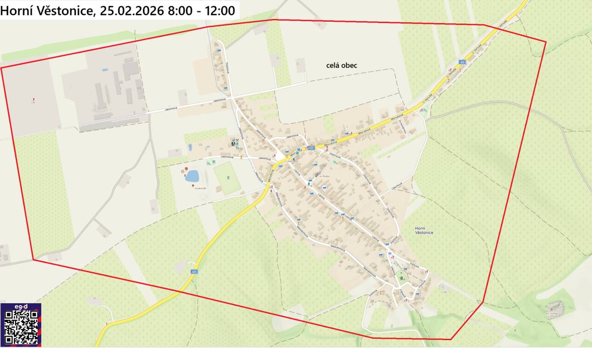 EG.D, s.r.o. oznamuje, že z důvodu plánovaných prací na zařízení distribuční soustavy bude přerušena dodávka elektrické energie:    Dne 16. 10. 2025 od 8:00 do 15:00    Vypnutá oblast: celá obec Horní Věstonice