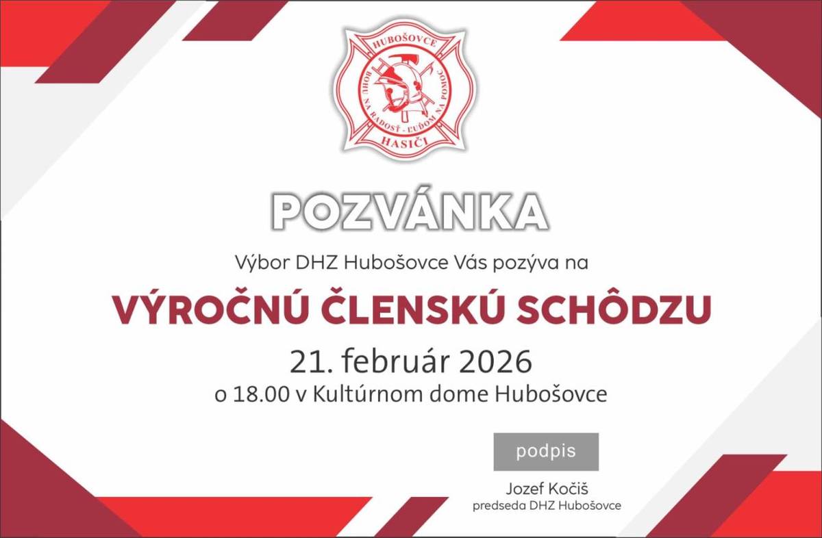 Výbor DZH Hubošovce pozýva všetkých svojich členov na Výročnú členskú schôdzu, ktorá sa uskutoční dňa 21.02.2026 o 18.00. hod. v sále KD v Hubošovciach.