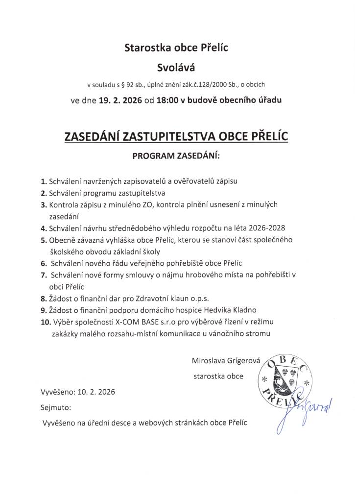 Zveme všechny občany na zasedání zastupitelstva obce, které se koná 19. února 2026 od 18:00 hodin. Těšíme se na vaši účast.
