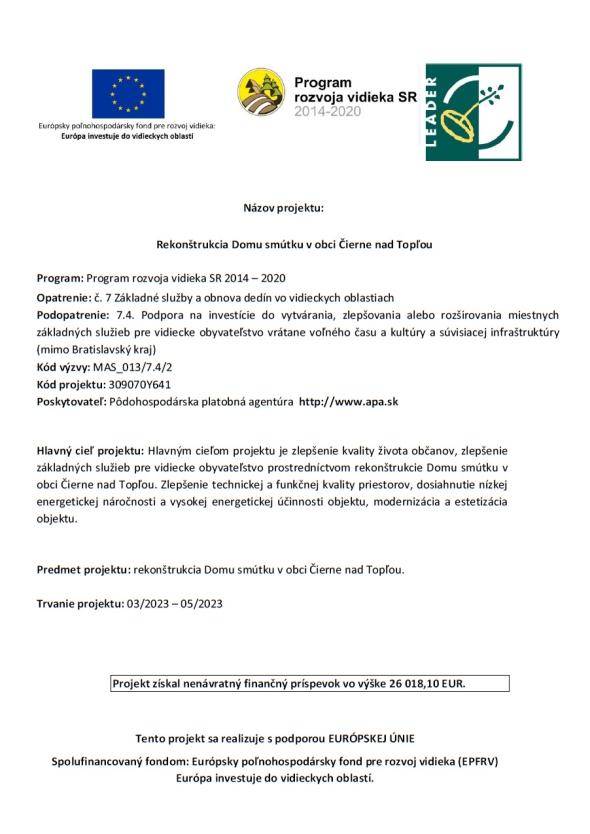 Rekonštrukcia Domu smútku v obci Čierne nad Topľou