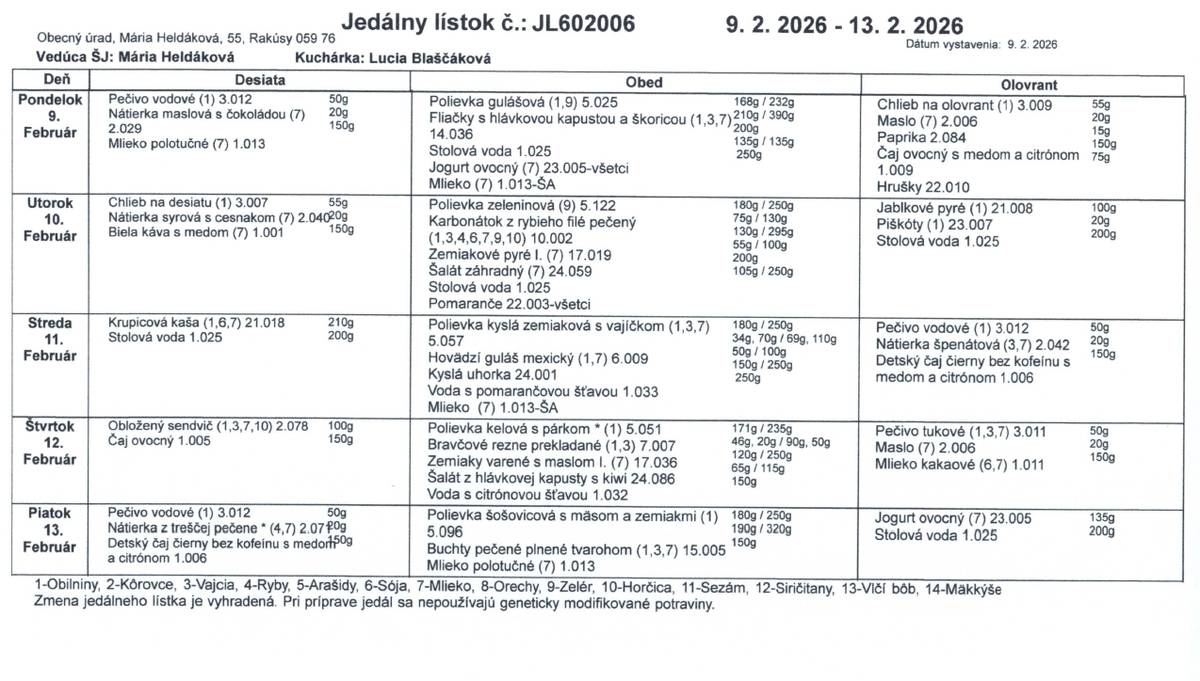 Jedálny lístok platný od 09.02.2026 - 13.02.2026