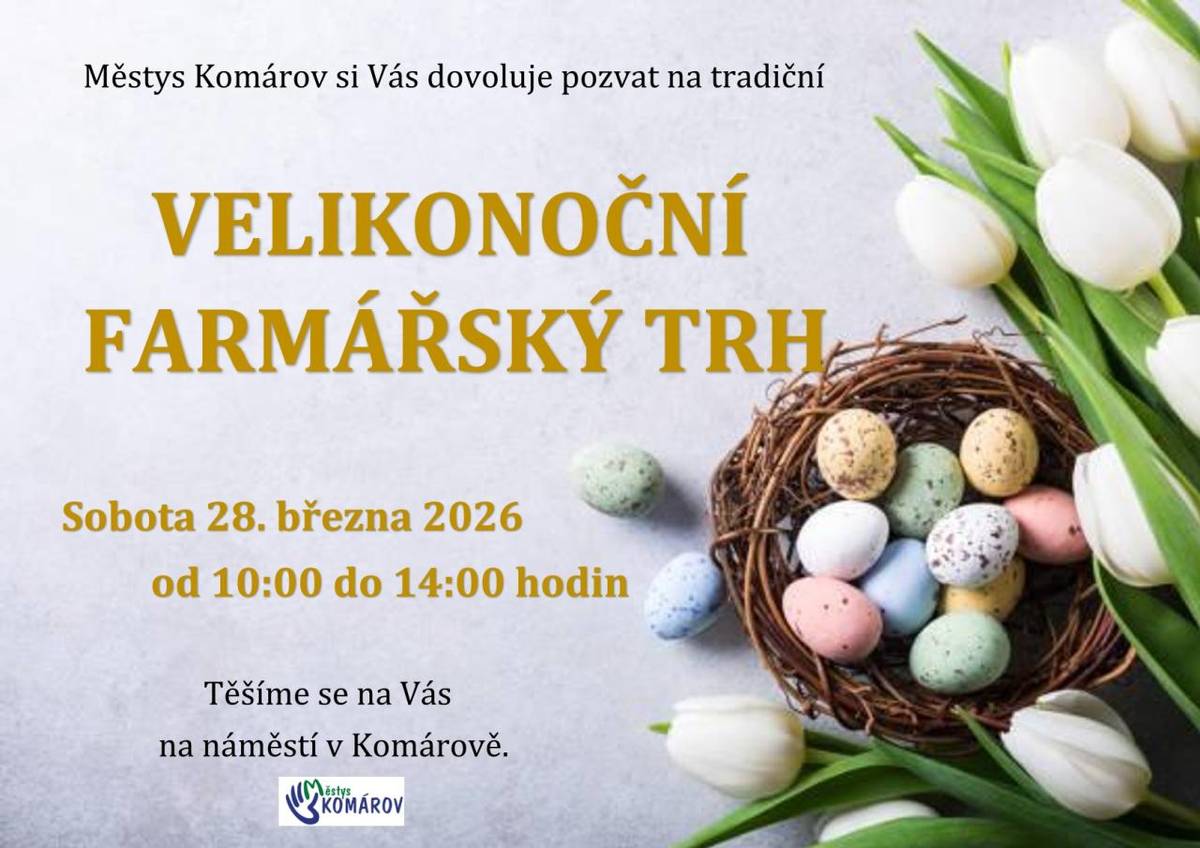 Zveme vás na tradiční Velikonoční farmářský trh, který se uskuteční v sobotu 28. března 2026. Akce proběhne od 10:00 do 14:00 hodin na náměstí v Komárově, kde si budete moci zakoupit čerstvé místní produkty.