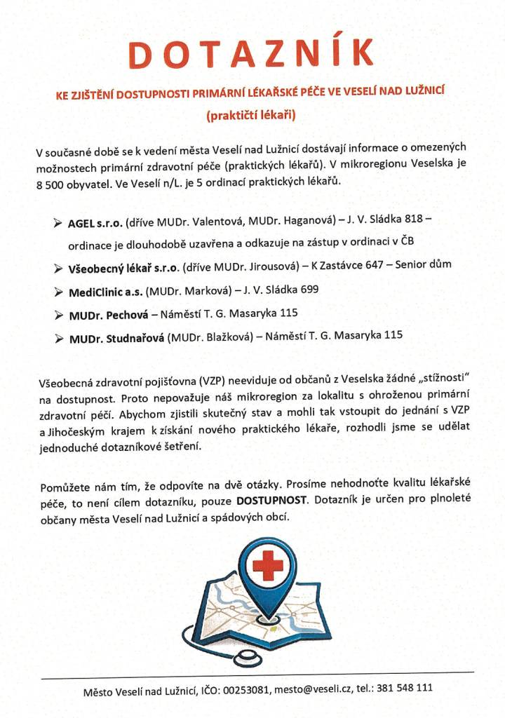 Město Veselí nad Lužnicí žádá občany obce Řípec o vyplnění dotazníku, který se týká primární lékařské péče ve Veselí nad Lužnicí.  Dotazníky naleznete ve svých schránkách. Vyplněné dotazníky můžete odevzdat do pátku 20. února do schránky obecního úřadu Řípec.