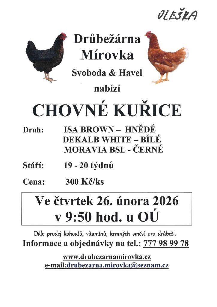 Prodej drůbeže 26.2.2026 - Oleška, Krymlov