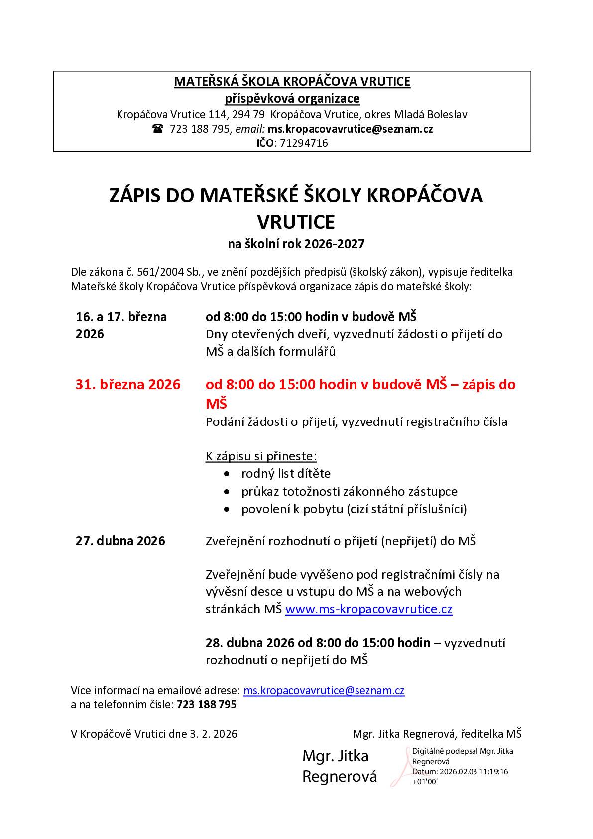 zve rodiče k zápisu dětí na školní rok 2026–2027