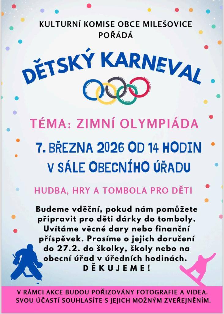 Kulturní komise obce Milešovice pořádá v sobotu 7. března 2026 dětský karneval.