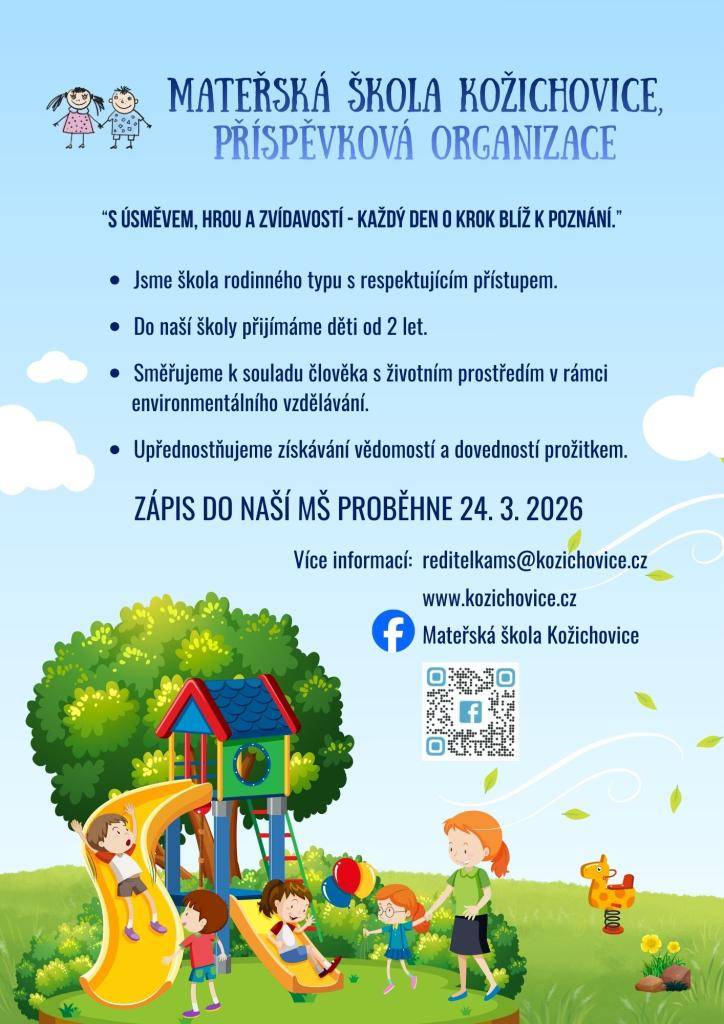 Mateřská škola Kožichovice se zaměřuje na rodinný přístup a respektující výchovu. Zápis do této školy proběhne 24. března 2026, přičemž děti mohou být přijímány již od 2 let věku.